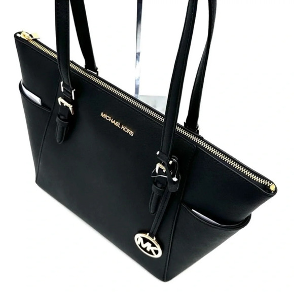 Michael Kors Large Charlotte Tote Bag Leather Black/Gold - Picture 6 of 12